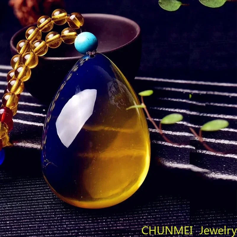 Natural Dominica Blue Amber Pendant Water Drop Sweater Chain Raw Ore Honey Wax Amber Pendant Necklace for Men and Women