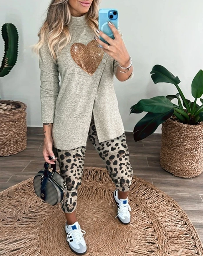 Elegant Two Piece Set for Woman Heart Patterned Sequined Stand Up Collar Pullover Split Top Leopard Print High Waisted Pants Set