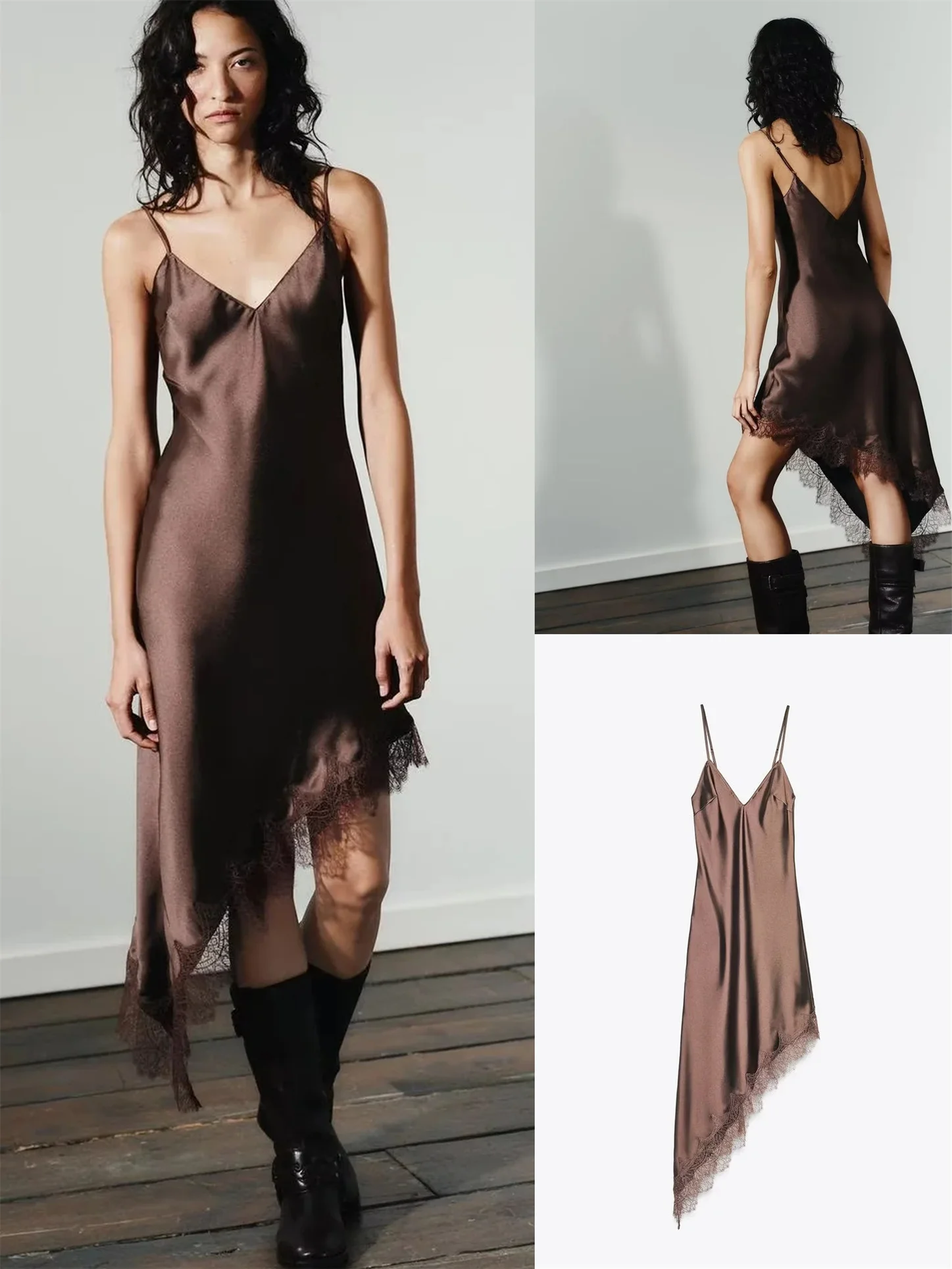 非対称レースディテールシルクサテン風 Dr Faionable レディースデザインサマーカジュアルハイウエストAラインガウン Svel