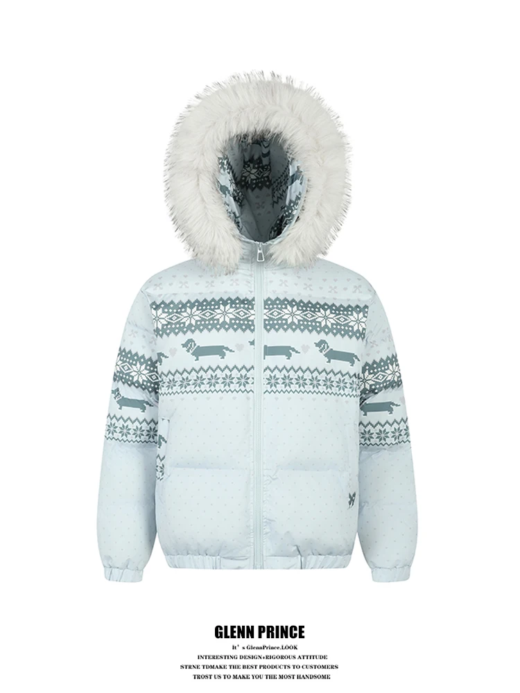 

Зимнее утепленное пальто с капюшоном GPstudio, мужская хлопковая куртка с меховым воротником, повседневная верхняя одежда с принтом Fair Isle и изображением таксы.