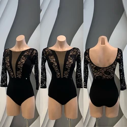 Summer Black Lace Latin Tops Women Ballroom Competition Dance Bodysuit Female Dancing Costumes Stage Practice Wear SL7017