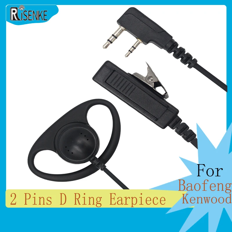 Two Way Radio Headset, D Ring Earpiece, 2 Pins, PTT, Fit for Kenwood Puxun Baofeng UV-5R/5RA/5RA +, Quansheng HYT, Walkie Talkie