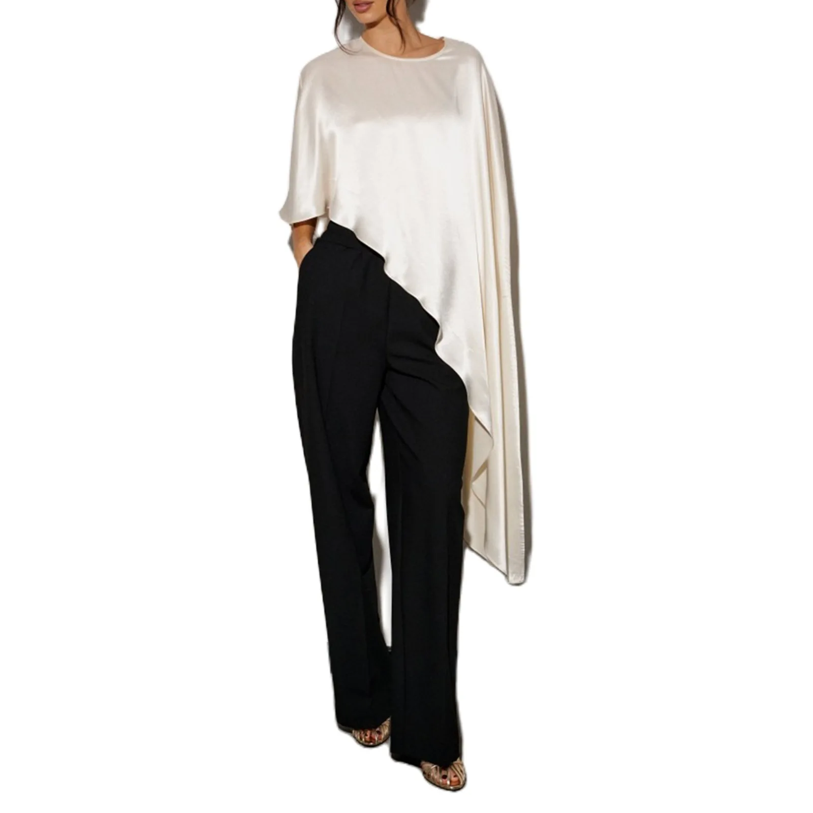 Women Satin Asymmetrical Hem Poncho Shawl Wraps Silky Round Neck Dressy Cape Top Flowy Loose Fit Cover Up Blouse Y2k Streetwear
