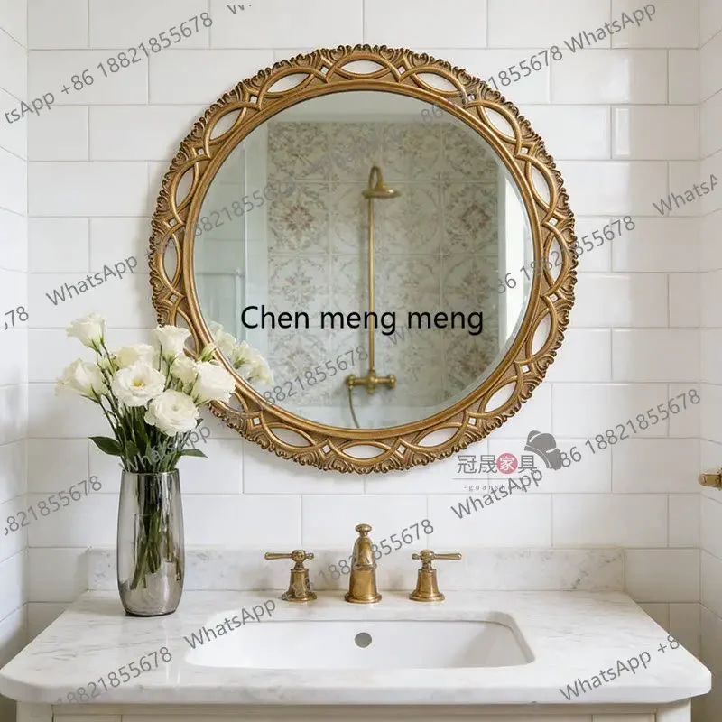 A139European carved bathroom mirror wall-mounted toilet round classical makeup mirror retro style