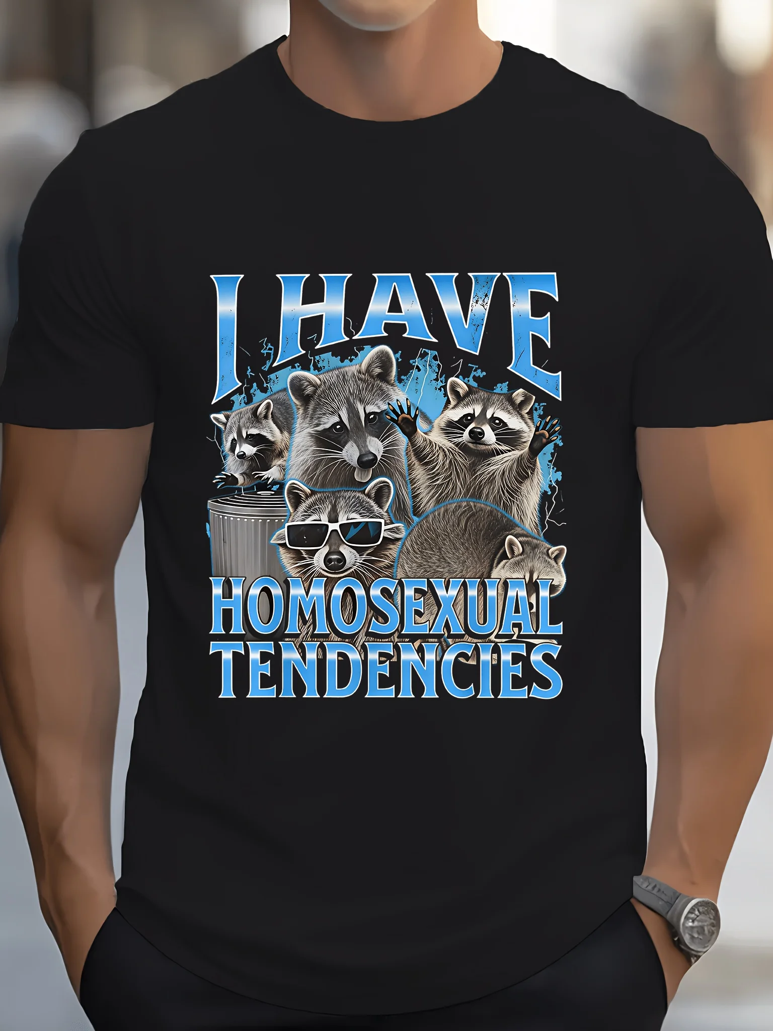 Funny LGBTQ Pride T-Shirt I Have Homosexual Tendencies Bold Blue Text Raccoons Graphic Tee Soft 100% Cotton Unisex Shirt for Men
