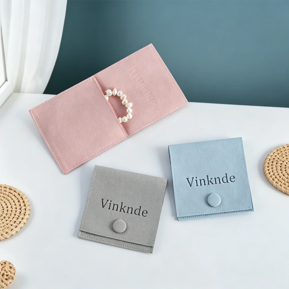 

100pcs Custom Logo Microfiber Jewelry Packaging Bag Earrings Ring Necklace Snap Button Soft Suede Jewellery Pouches Wedding Gift