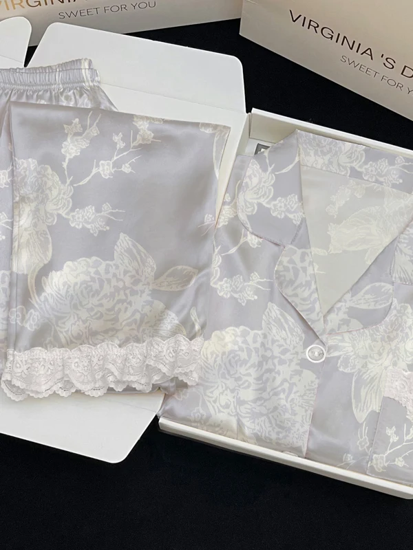 

Ice Silk Sleepwear Set for Women with Plant Floral Print Short Sleeve Long Pants Home Clothes Casual Comfortable
