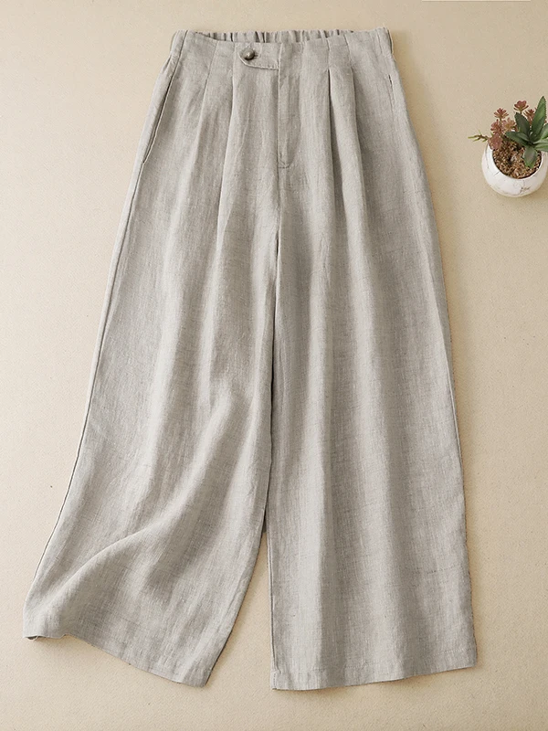 Artistic Cotton Linen Wide Leg Pants Women Summer Thin High Waist Button Design Hanging Smooth Slim Straight Casual Pants