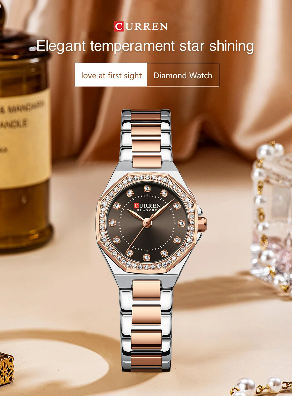 CURREN Modische Damenuhr mit zweifarbigem Edelstahlarmband, Strassbesetzter Lünette, Quarzwerk, Luxuriöses Elegantes Geschenk für Sie – Detail 2