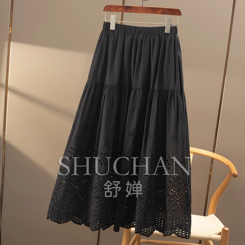 Hollow Out Embroidery Elastic High-waisted Pure Cotton A-shaped Skirt Women 31B8 Faldas Mujer Moda 2025