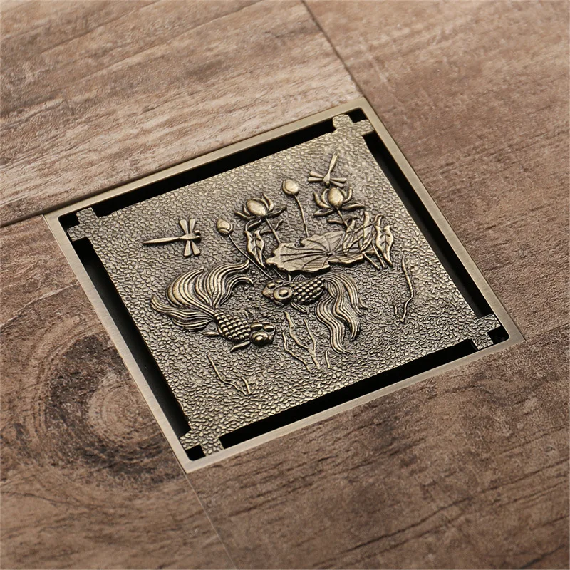 Vintage Bronze Goldfish Pattern Floor Drain, Antique Carved, Anti Odor Insect Proof Bathroom Drain
