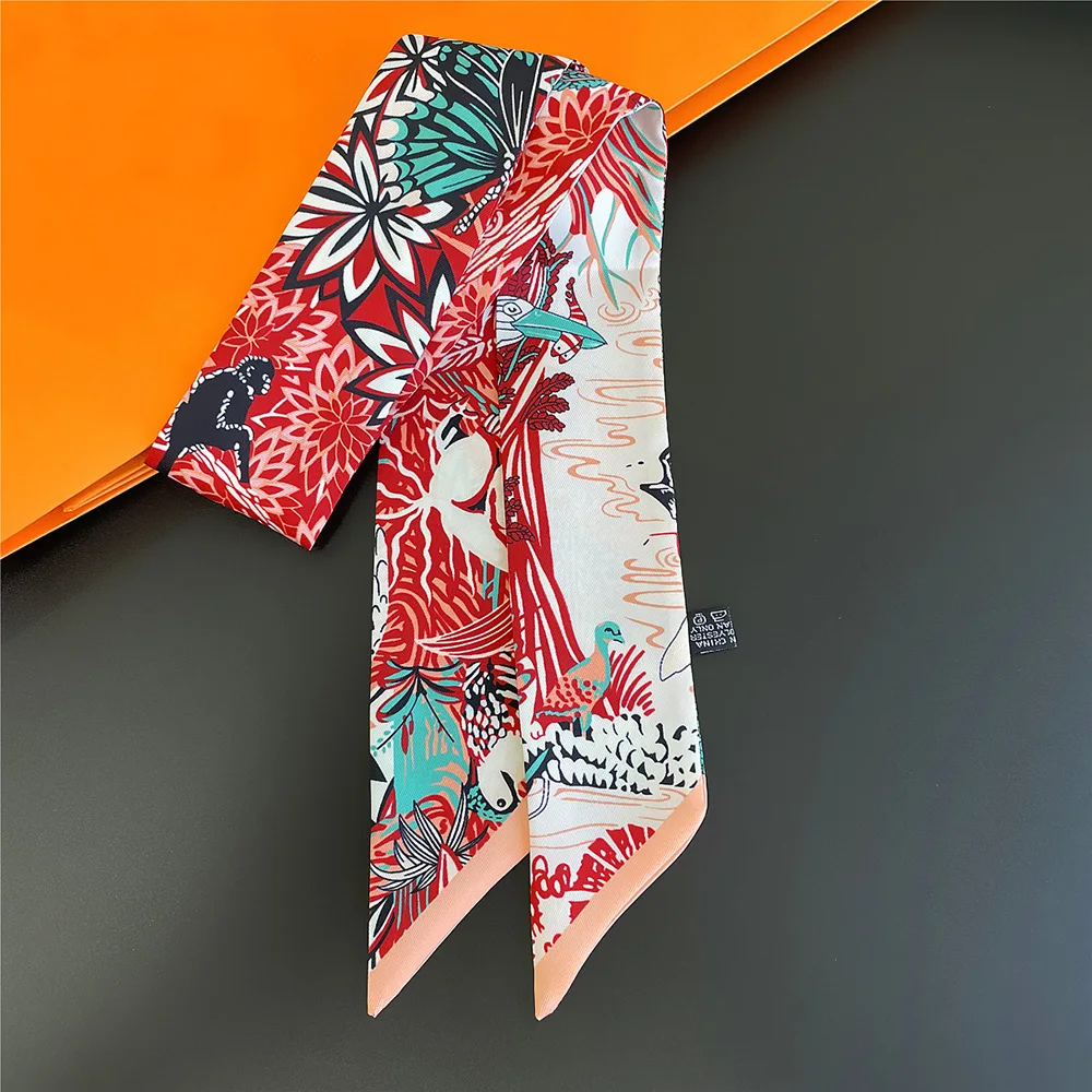 2023 Brand Small Silk Scarf For Women New Print Handle Bag Ribbons Brand Fashion Head Scarf Small Long Skinny Scarves Wholesale