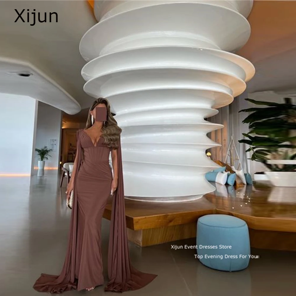 Romantic Mermaid Evening Dresses Formal Occasion Brown Sleeveless V-Neck Prom Gowns 2023 For Women Cape Sleeves Floor Length