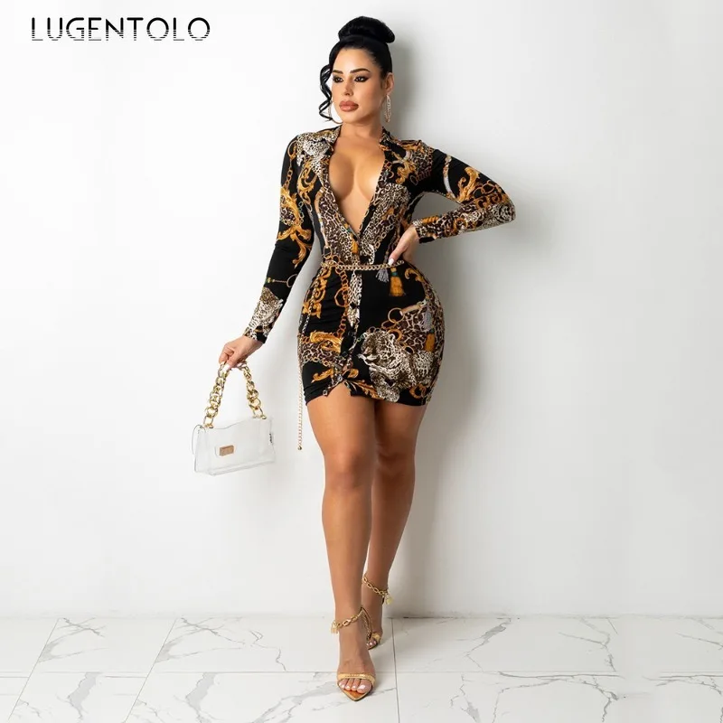 

Women Mini Dress Fashion Print Lapels Long Sleeves Single Breasted High Waist Sexy Package Hip Elegant Nightclub Party Wear