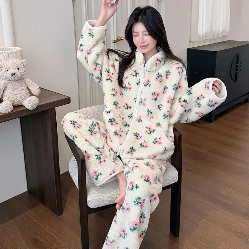 Pajamas Women's Autumn Winter New Flannel Loungewear Coral Fleece Thickened and Fleece Small Pink Flower Zipper Warm Clothes Set