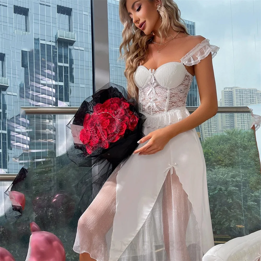 Indumenti da notte in pizzo Sexy donna volant Trim maglia camicia da notte camicia da notte lunga camicia da sposa abito da sposa Backless Home Wear accappatoio