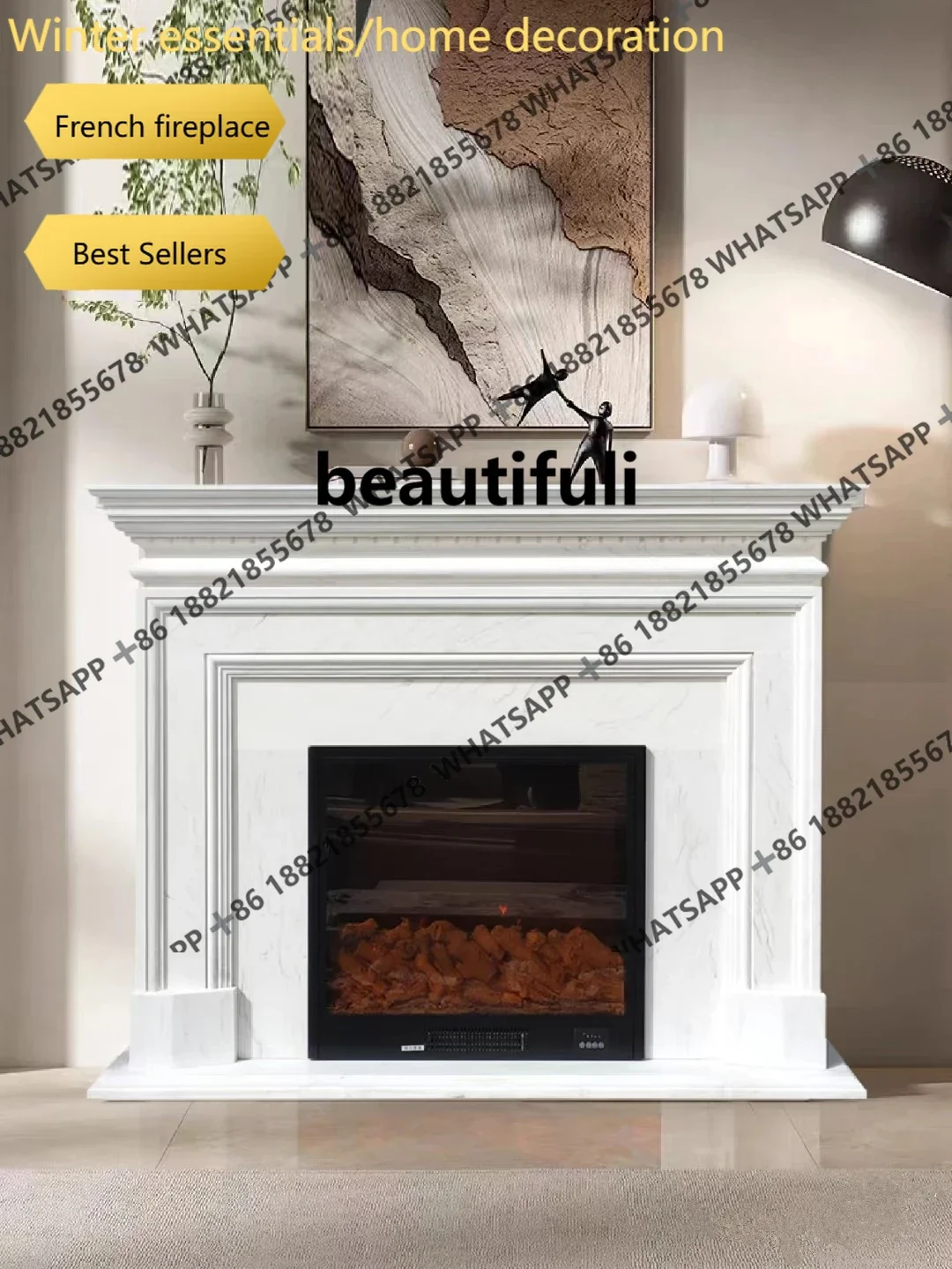 A95 European Carved Marble Fireplace Mantel Stone Decor Cabinet for Entrance Living Room TV Background Wall Home Interior Decora