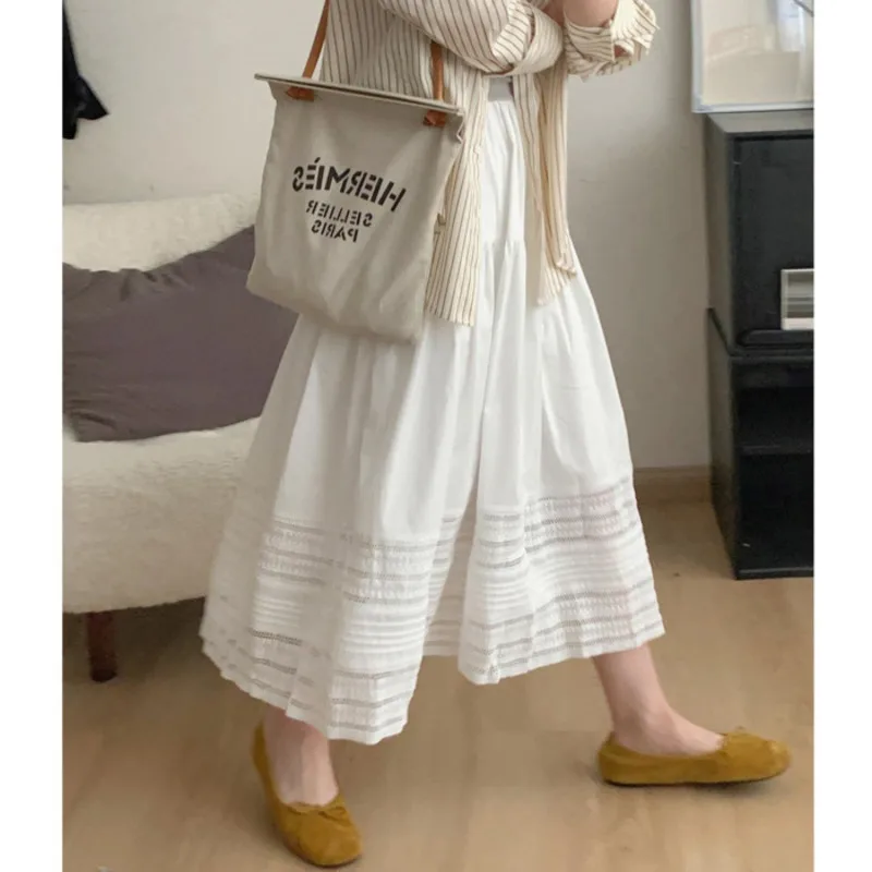 Spring Summer Lace Hollow Out Skirt Women Elastic Waist A-line Korean Midi White Skirts