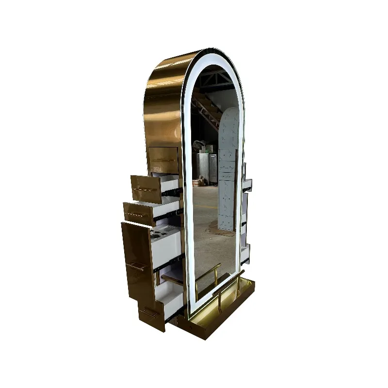 Modern Multiple Drawer Gold & Stainless Steel LED Mirror Station