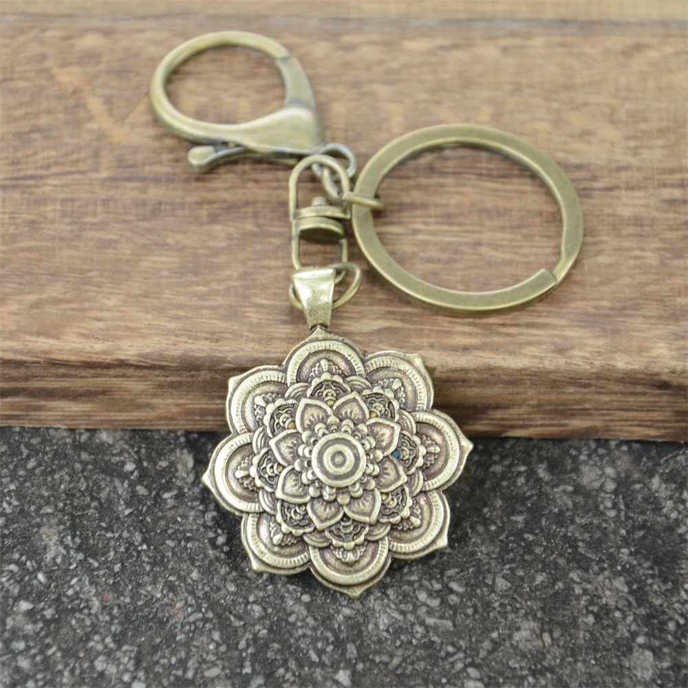 Nostalgia OM Yoga Lotus Flower Keychain Mandala Buddhism Indian Jewelry Keyring Gifts