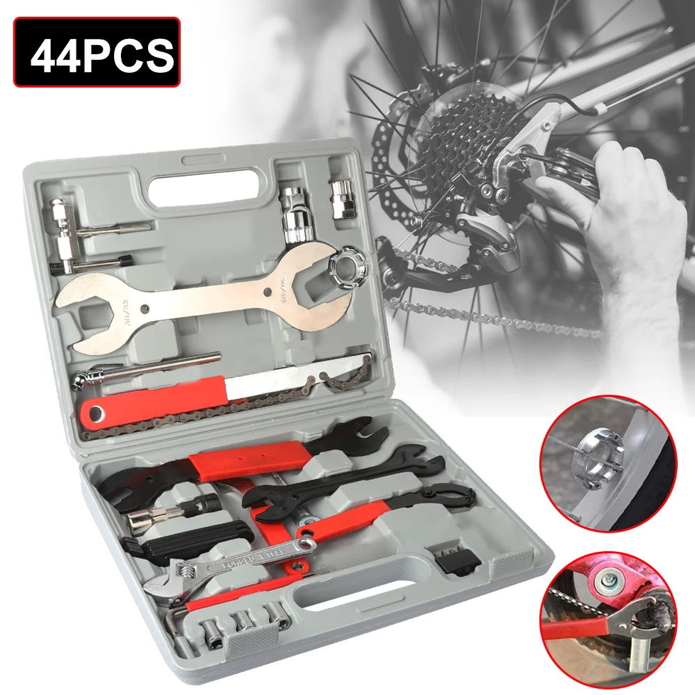 Set di 44 utensili per biciclette, kit di attrezzi multifunzionali per ciclismo, set di attrezzi portatili per la riparazione di mountain bike, kit di attrezzi per ciclismo.