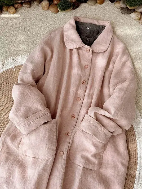 Original Single Solid Color Linen Padded Thickened Women's Medium and Long Simple Winter Cotton-padded Clothes Warm Jacket