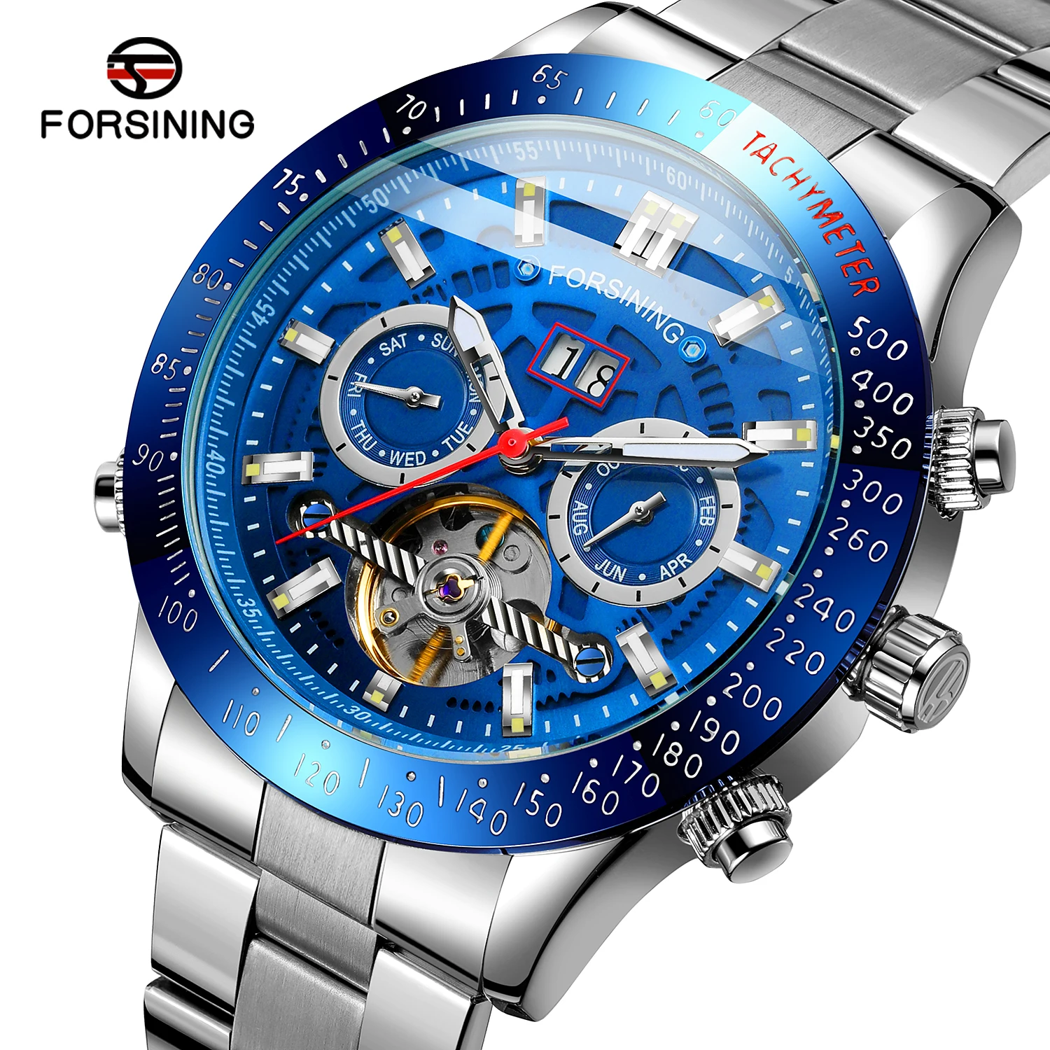 Forsining Men's Casual Automatic Mechanical Movement Watch Blue Dial Tourbillon Waterproof Metal Strap Luminous Calendar Gift