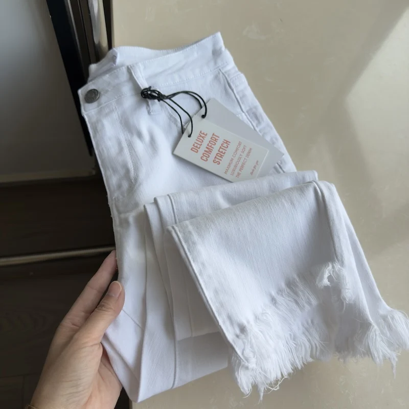 Summer White Thin Jeans Women's Casual Stretch Pencil Pants High Waist Slim Versatile Raw Edge Ankle-length Denim Trousers