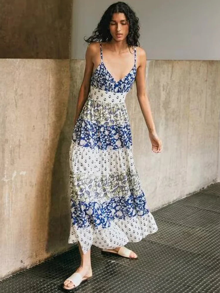 Boho floral impresso maxi vestido de verão feminino em camadas com tiras azul sem mangas arco vocação profundo v praia sexy senhoras vestidos novo