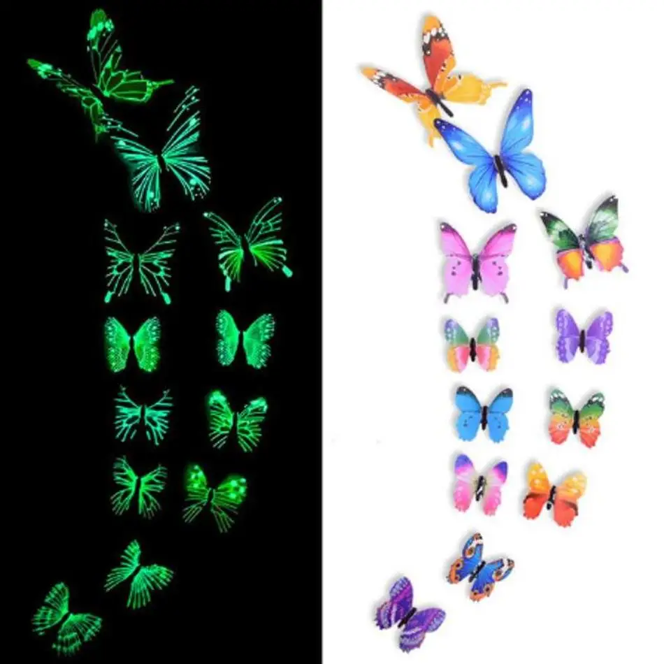 12PCS Luminous Butterfly Wall Stickers Glow In The Dark Self Adhesive Decals Kids Room Bedroom Home Decor