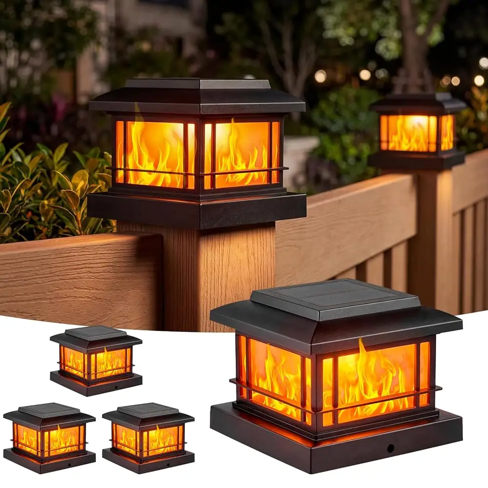 

Солнечные светильники для столбов с эффектом мерцающего пламени, черные, с 3 цветовыми температурами, подходят для деревянных/виниловых столбов 3.5, 4, 4.5, 5 дюймов