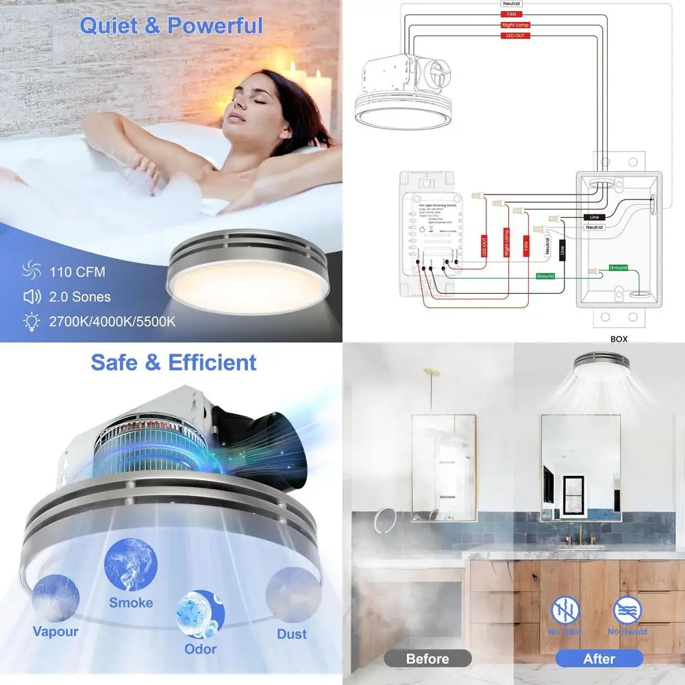 

Round Silver 110CM Dual-Color Dimmable LED Bathroom Vent Fan with Light, 1000lm & 150lm Nightlight