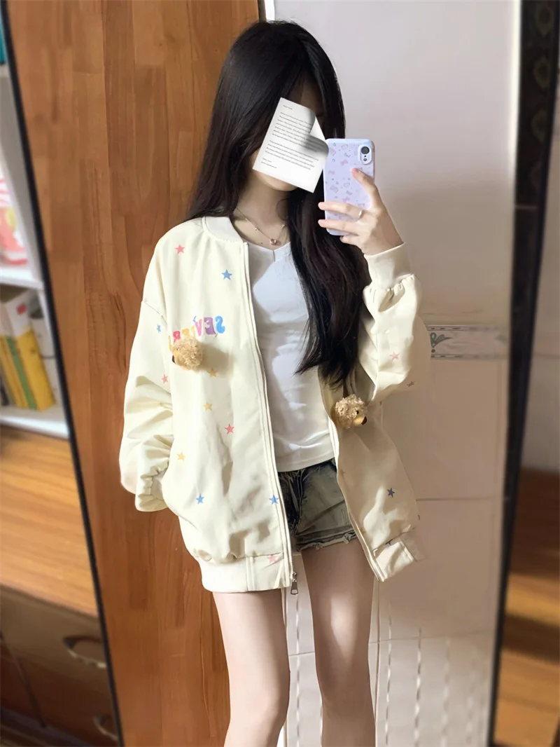 Dopamine Bear Pendant Coat for Women Spring 2025 New Loose, Small, Star Printed Versatile Student Top Trendy Top Women