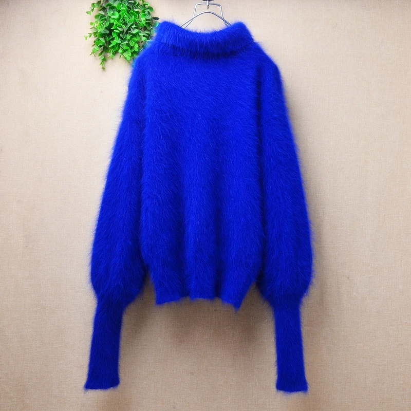 

Ladies Women Autumn Winter Blue Hairy Mink Cashmere Knitted Long Lantern Sleeves Turtleneck Crop Top Loose Pullover Sweater Pull