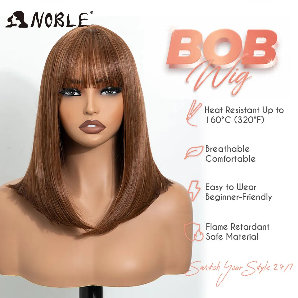 NOBLE 12 Zoll, schokoladenbraune, gerade geschnittene Bob-Perücke aus Kunsthaar, mit Luftfransen, hitzebeständig, für Damen, geeignet für den täglichen Gebrauch, Partys und Cosplay. – Detail 5