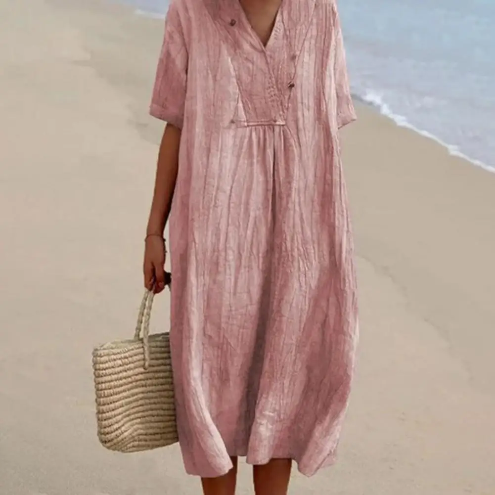 Summer Women Dress V Neck Short Sleeve Loose Dress A-line Pullover Mid-calf Length Casual Midi Dress