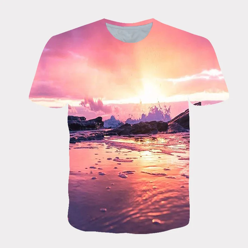 T-shirt imprimé 3D à manches courtes pour hommes, Économie graphiques, Confortable, Respirant, Décontracté, Paysage naturel, Simple, InPorter, Été