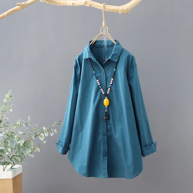 Retro Simple Cotton Linen Loose Long Sleeve Button Up Shirt Spring Autumn Casual Solid Tunic Top Blouse Women Blusas Clothes2023