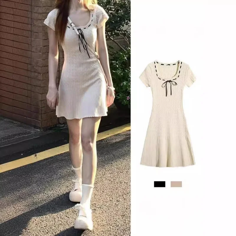 

Academy Style Pure Desire Hot Girl Ice Silk Knitted Cable Dress Petite Slim Fit Elegant Short Dress