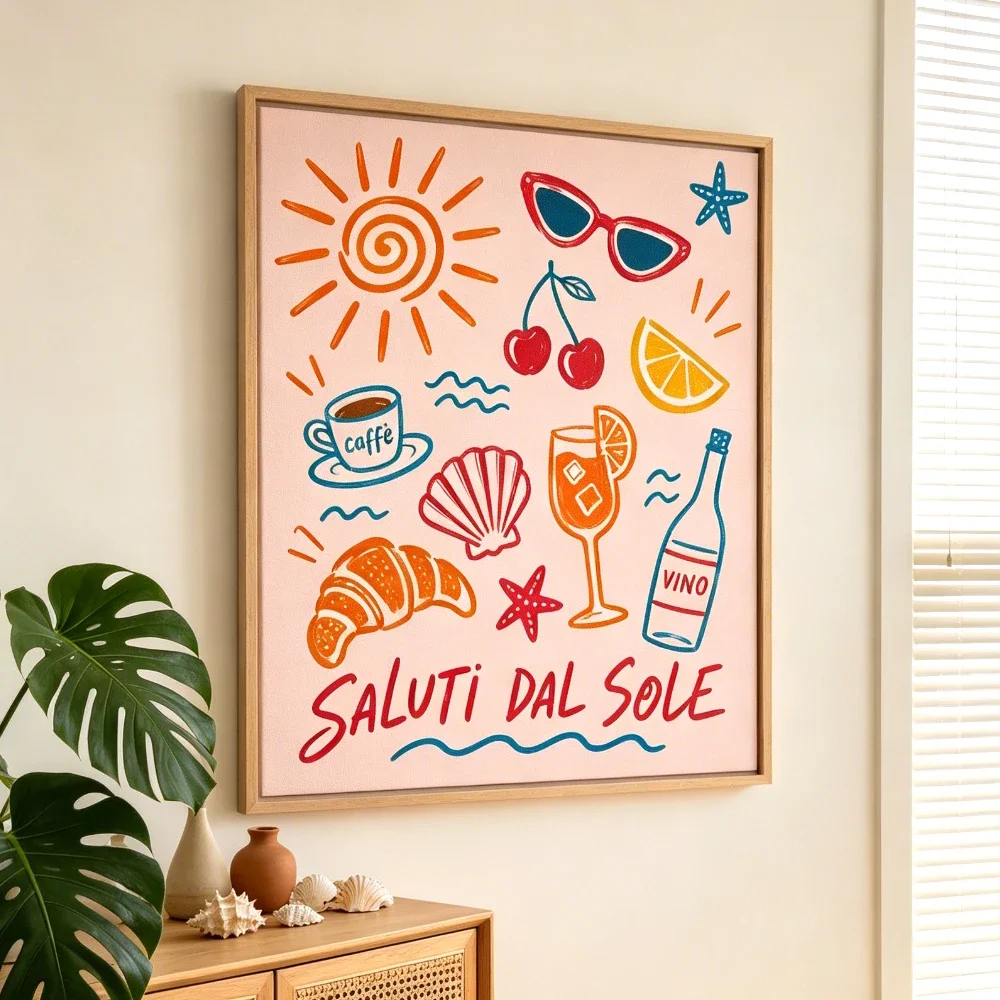 1pc frameless Canvas Painting Coastal Canvas Wall Art, Seashell Beach Summer Poster Tropical Preppy Decor Lobster Wine Nautical