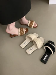 Brown Beige Black Women Slippers Summer Outside Mules Shoes Party Dress Shoes Low Flat Heels Shallow Slip On Beach Shoes Lace