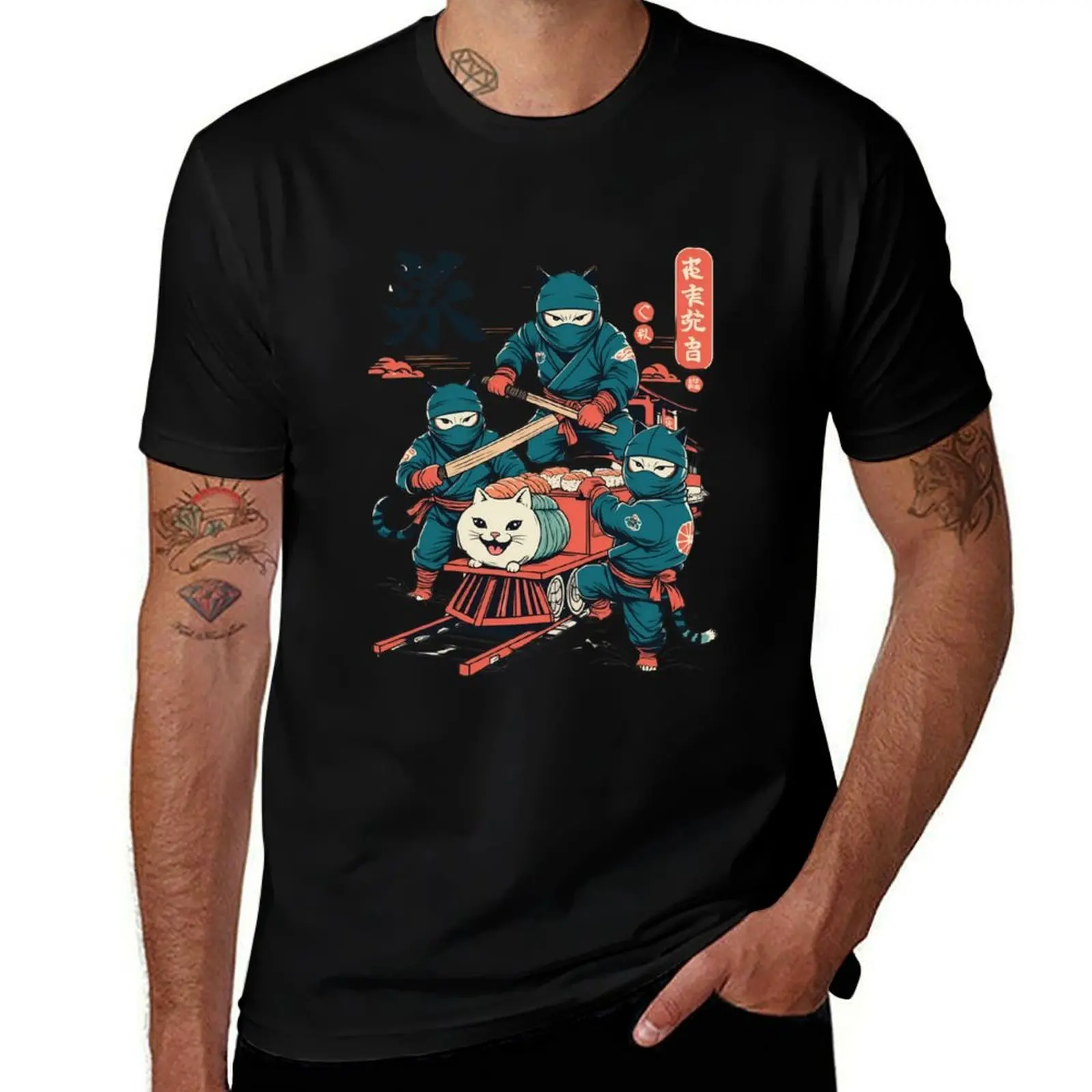 Daruma Cat Ninjas – Camiseta con símbolo de la suerte con gatos guerreros, ropa de San Valentín, camisetas negras en blanco para hombres