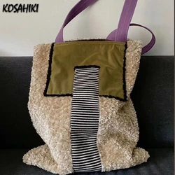 Vintage Harajuku Y2k Shoulder Bags Patchwork Fluffy Contrast Color Striped Women's Handbags High-capacity All Match Underarm Bag