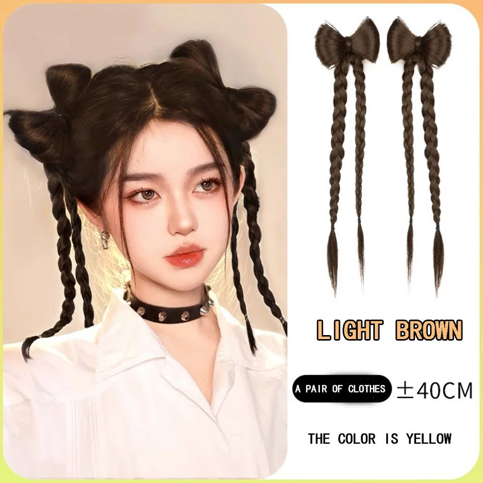 Wig Braid Female Sweet Cool Wind Y2k Bow Ball Head Double Ponytail Natural Twist Long Braid Boxing Braid Synthetic Wig