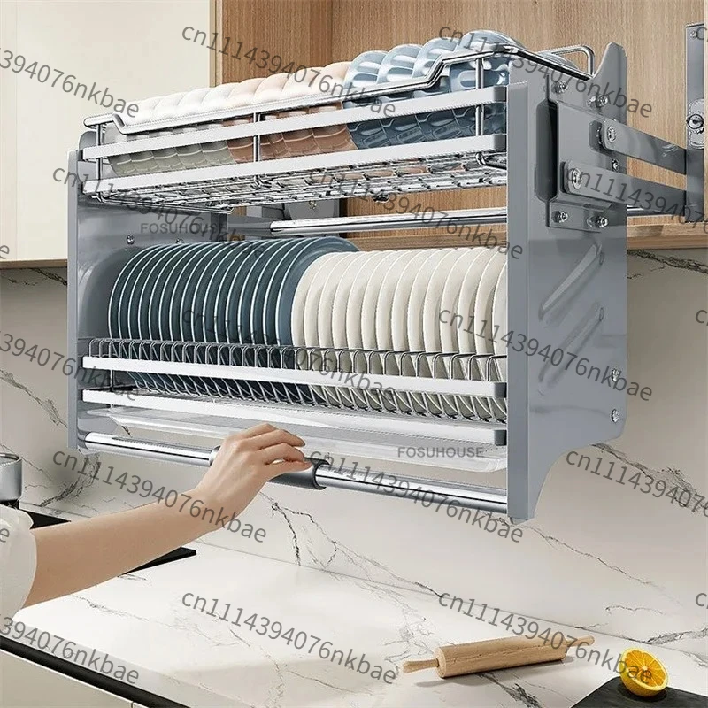 Stainless Steel Double Layer Pull-Down Lift-Up Basket Built-in Wall Cabinet Pull-out Dish Rack For Kitchen Storage
