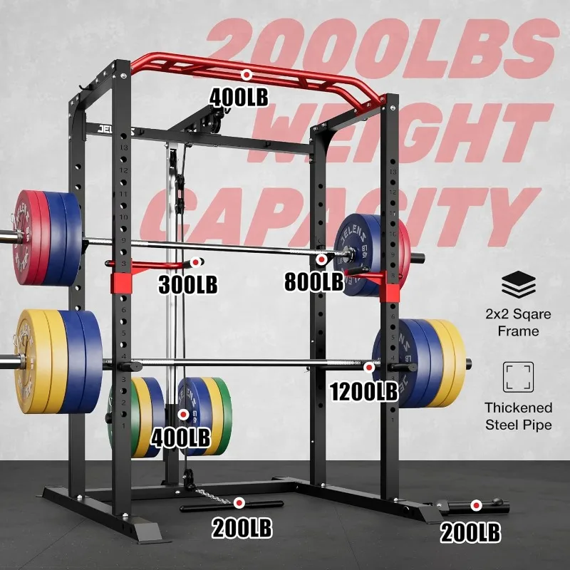 

JELENS S11 2000LB Heavy Duty Power Cage Multifunctional Squat Rack With LAT Pulldown Adjustable Cable System Home Gym Gear