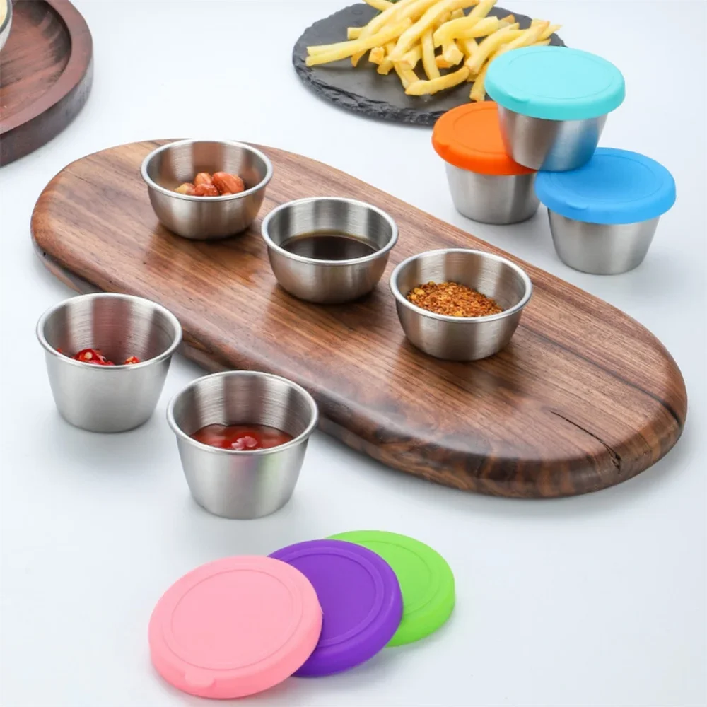 

Stainless Steel Sauce Cup Leak-Proof Tomato Mustard Sauce Bowl Mini Dipping Plate With Silicone Lid Outdoor Camping Tableware