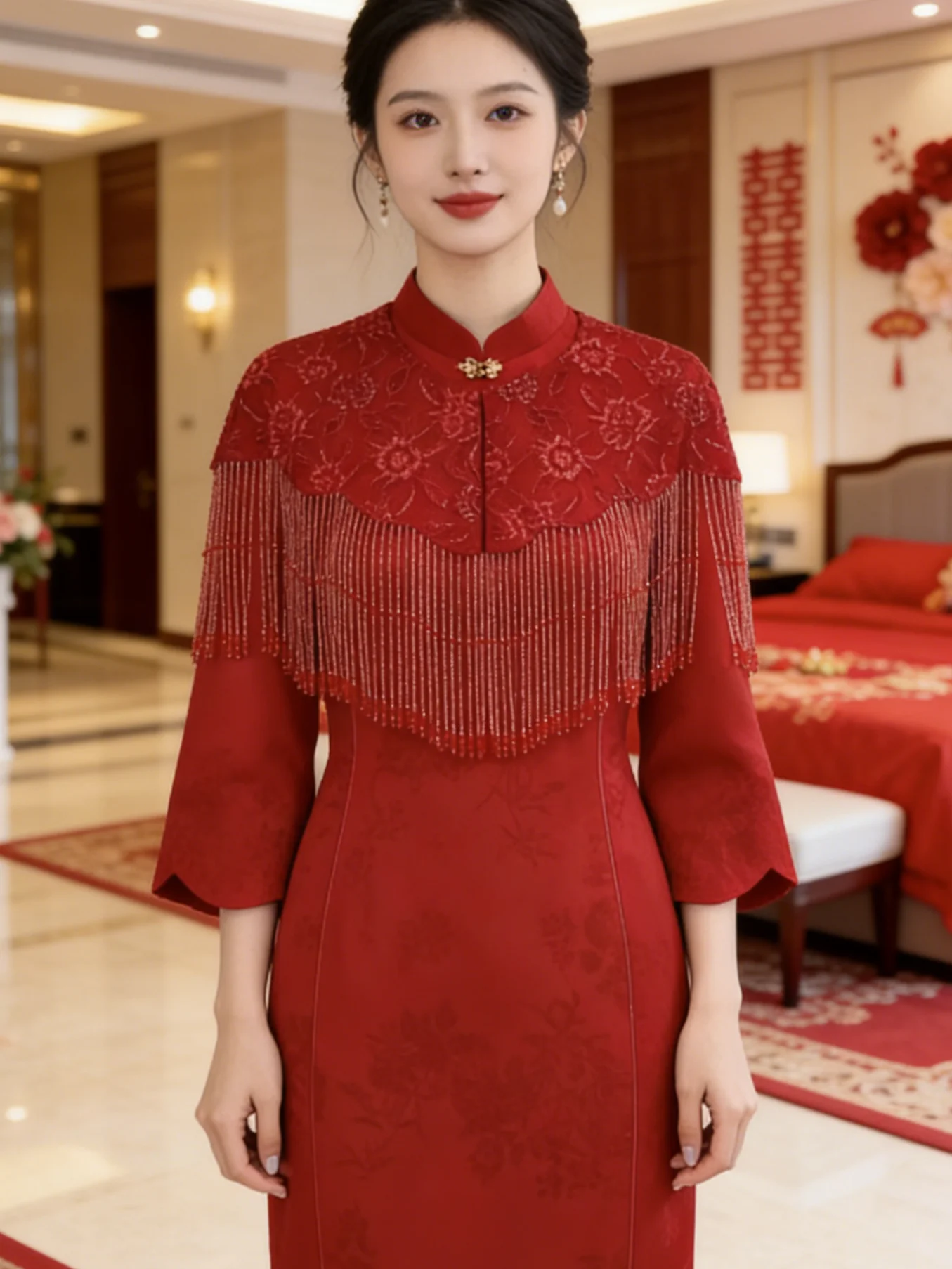 

Красное китайское платье с семью светами для свадебной церемонии и банкета, вечернее платье Fem Morning Robe