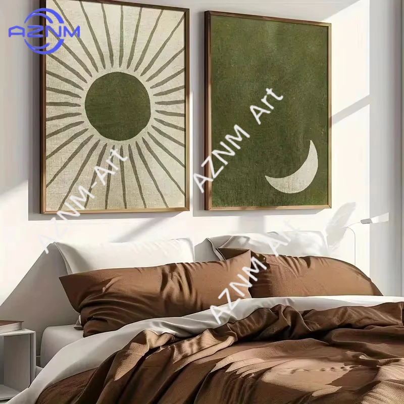1/2 Stück Retro Bohemian Grüner Mond Sonne Leinwanddrucke Minimalistische Landschaft Wandkunst Poster Moderne Zimmer Schlafzimmer Büro Heim Dekoration