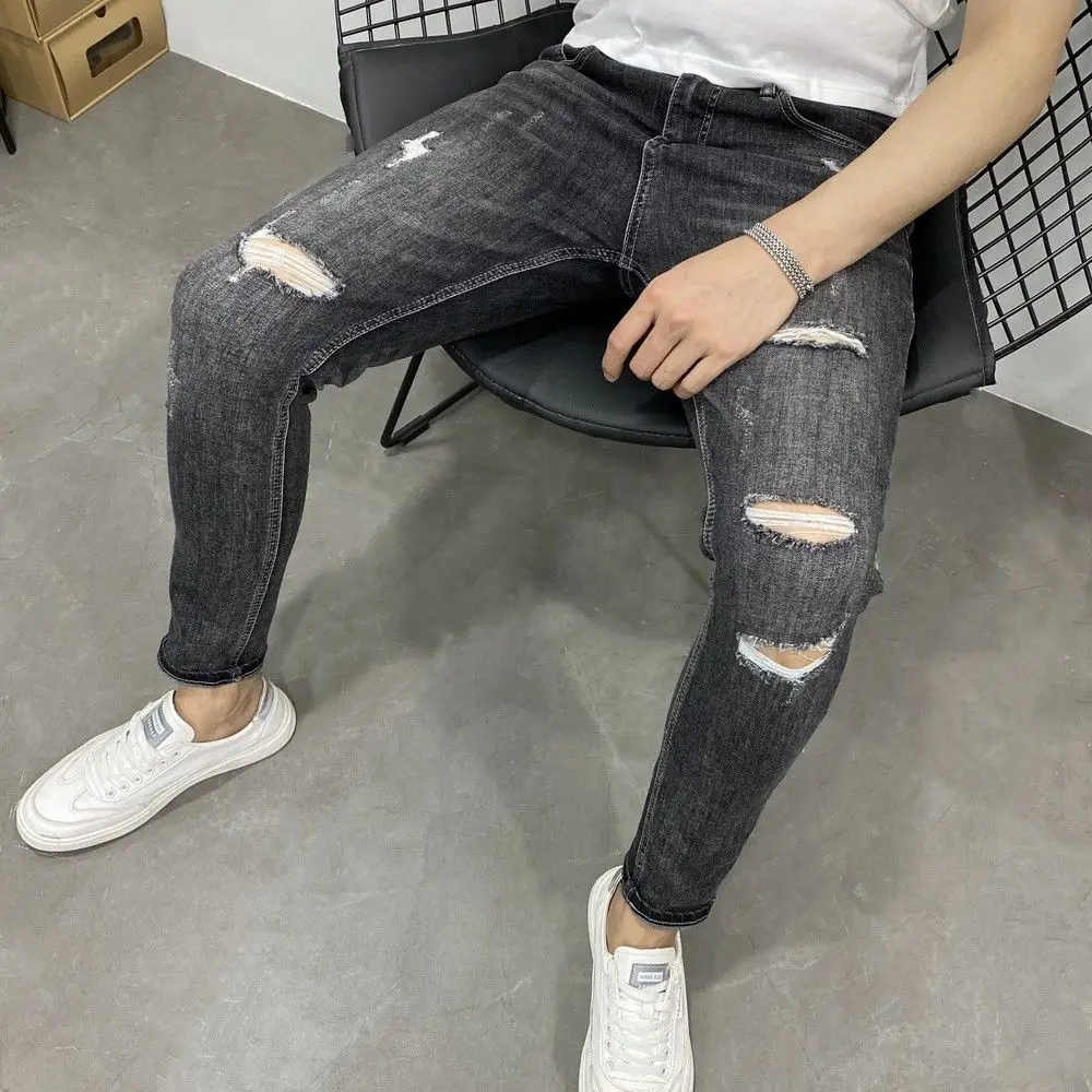 Black Ripped Soot Elastic Micro-span Slim-fitting Small-footed Denim Trousers Trendy Men New Clothes Cargo Denim Man Pants